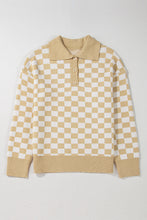 Load image into Gallery viewer, Online Apricot Checkered Buttons Collar V Neck Drop Shoulder Sweater
