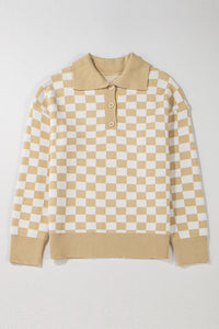 Online Apricot Checkered Buttons Collar V Neck Drop Shoulder Sweater