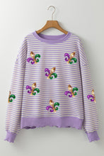 Load image into Gallery viewer, Online Purple Stripe Sequin Fleur de Lis Patched Pattern Long Sleeve Top
