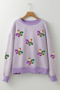 Online Purple Stripe Sequin Fleur de Lis Patched Pattern Long Sleeve Top