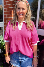 Load image into Gallery viewer, Online Pink Contrast Trim Collared Split Neck Short Sleeve Plus Size Top
