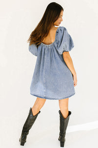 Online Myosotis Bubble Sleeve Square Neck Denim Babydoll Dress