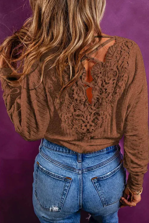 Chestnut Lace-up Crochet Open Back Ribbed Top