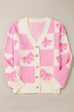 Load image into Gallery viewer, Online Pink Bowknot Checkered Pattern V Neck Drop Shoulder Button Up Cardigan
