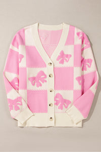 Online Pink Bowknot Checkered Pattern V Neck Drop Shoulder Button Up Cardigan