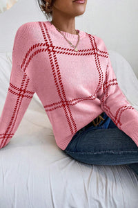 Online Pink Plaid Pattern Knitted Drop Shoulder Sweater