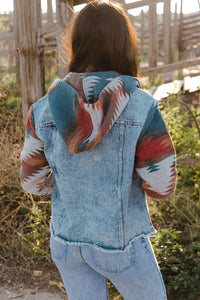 Online Multicolor Aztec Print Frayed Hem Denim Jacket