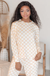 Online Beige Checkered Print Long Sleeve Top and Pants Lounge Set