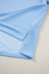 Online Light Blue Plus Size Ribbed Long Sleeve Top and Drawstring Shorts Set