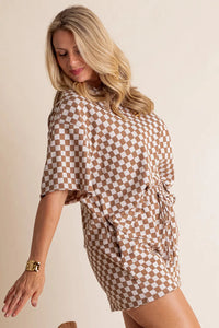 Online Brown Plus Size Checkerboard Print Side Slim Tee Shorts Set