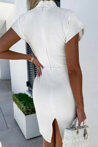 White Short Sleeve Deep V-Neck Split Bodycon Dress