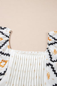 Online Beige Western Aztec Print Pleated Square Neck Loose Mini Dress