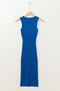 Online Dark Blue Solid Ribbed Knit Sheath Sleeveless Midi Sweater Dress