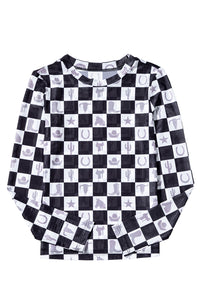 Online Black Checkerboard Western Elements Printed Mesh Long Sleeve Top