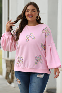 Online Light Pink Embroidered Bow Lantern Sleeve Oversized Pullover Sweatshirt