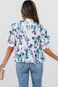 Online Purple Floral Ricrac Trim Half Sleeve Peplum Top