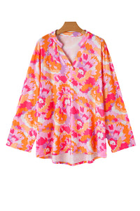 Online Pink Plus Size Abstract Floral Print V Neck Blouse