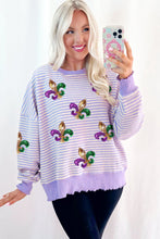 Load image into Gallery viewer, Online Purple Stripe Sequin Fleur de Lis Patched Pattern Long Sleeve Top
