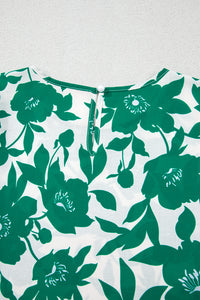 Online Green Floral Printed Ruffled Short Sleeve Round Neck Loose Blouse