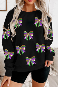 Online Black Sequin Mardi Gras Bow Graphic Drop Shoulder Pullover Sweatshirt