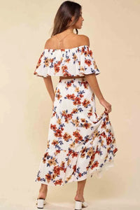 White Floral Print Off-shoulder Crop Top and Maxi Skirt Set