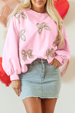 Load image into Gallery viewer, Online Light Pink Embroidered Bow Lantern Sleeve Oversized Pullover Sweatshirt
