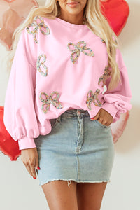 Online Light Pink Embroidered Bow Lantern Sleeve Oversized Pullover Sweatshirt