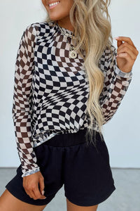 Online Khaki Checkered Pattern Mesh Mock Neck Long Sleeve Top