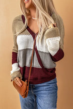 Load image into Gallery viewer, Wine Color Block Deep V Neck Wrap Sweater
