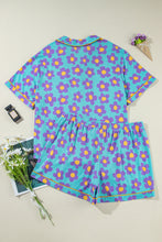 Load image into Gallery viewer, Online Sky Blue Cute Flower Print Contrast Trim Plus Size Short PJ Set
