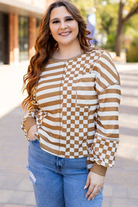 Online Khaki Striped Checkered Mixed Print Chest Pocket Casual Plus Size Top