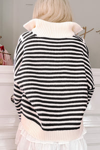 Online Pink Stripe Zip up Collar Drop Shoulder Sweater