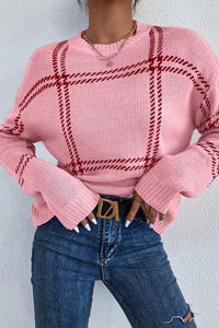 Online Pink Plaid Pattern Knitted Drop Shoulder Sweater