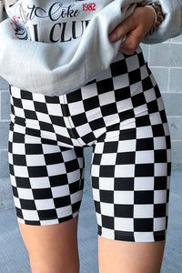 Online Black Checkerboard Printed High Waist Biker Shorts