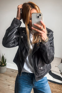 Online Black PU Leather Lapel Collar Zipper Jacket