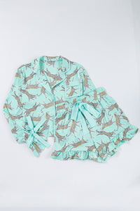 Online Green Leopard Satin Ruffle Pajama Short Set