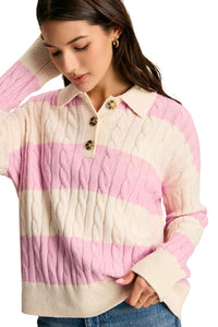 Online Pink Stripe Cable Knit Collared Henley Sweater