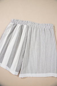 Online Gray Stripe Mixed Print Short Sleeve Top and Pocketed Shorts Set