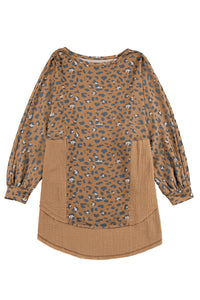Online Brown Printed Raw Edge Leopard Patchwork Oversized Blouse