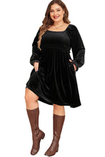 Load image into Gallery viewer, Online Black Velvet Flounce Sleeve Shirred Bodice Plus Babydoll Dress
