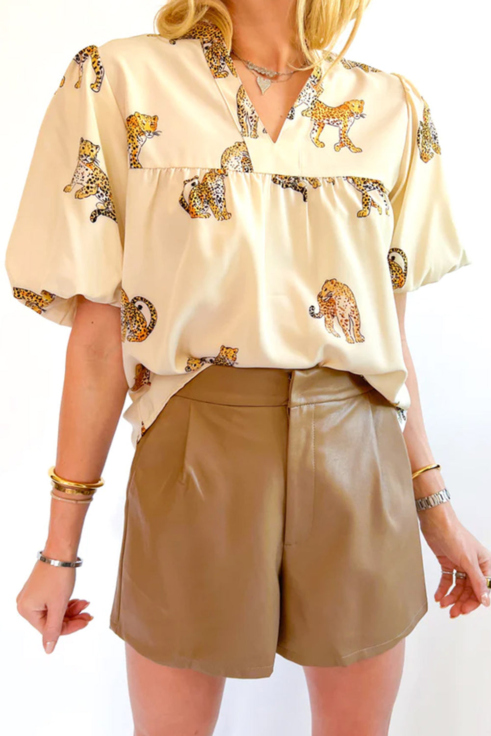 Online Apricot Cheetah Printed Split Neck Puff Sleeve Blouse