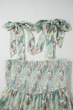 Load image into Gallery viewer, Online Gray Floral Knotted Strap Smocked Tiered Ruffle Mini Dress
