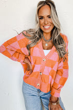 Load image into Gallery viewer, Online Black Checkered Drop Shoulder Buttoned V Neck Cardigan
