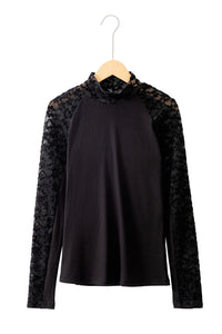 Online Black Floral Lace Patchwork Long Sleeve High Neck Slim Top