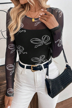 Load image into Gallery viewer, Online Black Round Neck Bow Print Long Sleeve Mesh Top
