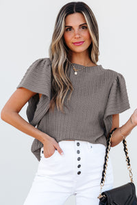 Online Beige Solid Color Textured Flutter Sleeve Top