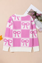 Load image into Gallery viewer, Pink Bow Knot Two Tone Checkered Crew Neck Sweater
