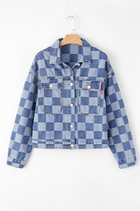 Online Black Checkered Patchwork Button up Denim Jacket