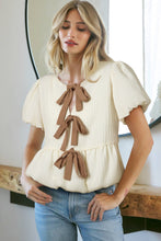 Load image into Gallery viewer, Online White Textured Bow Ties Front Bubble Hem Puff Short Sleeve Blouse
