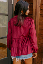 Load image into Gallery viewer, Online Burgundy Corduroy Ruffle Tiered Buttoned O Neck Shirt
